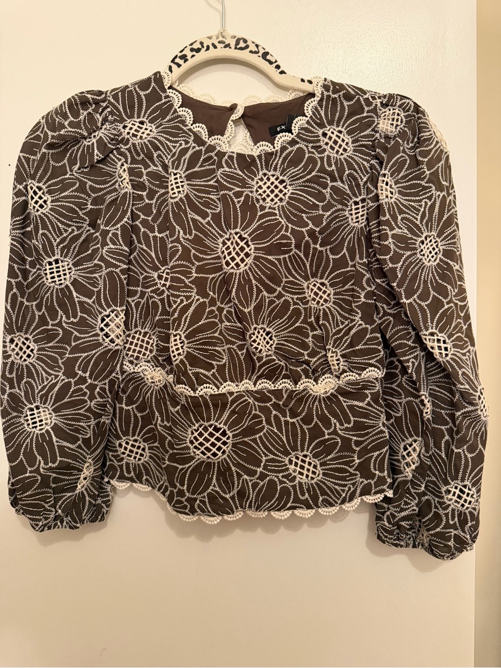Express Brown Top with Cream Floral Lace Overlay